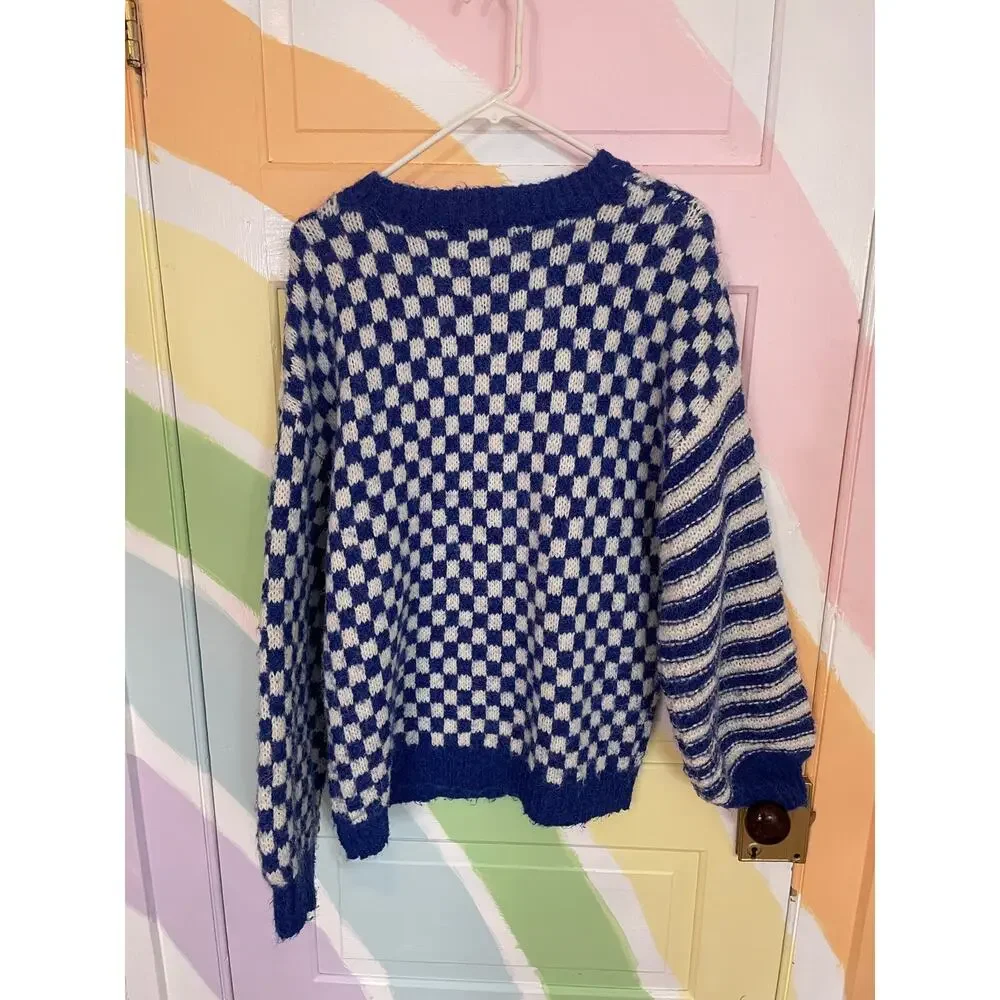 Blu Pepper Large Blue Ivory Mixed Pattern Checkerboard Knit Sweater